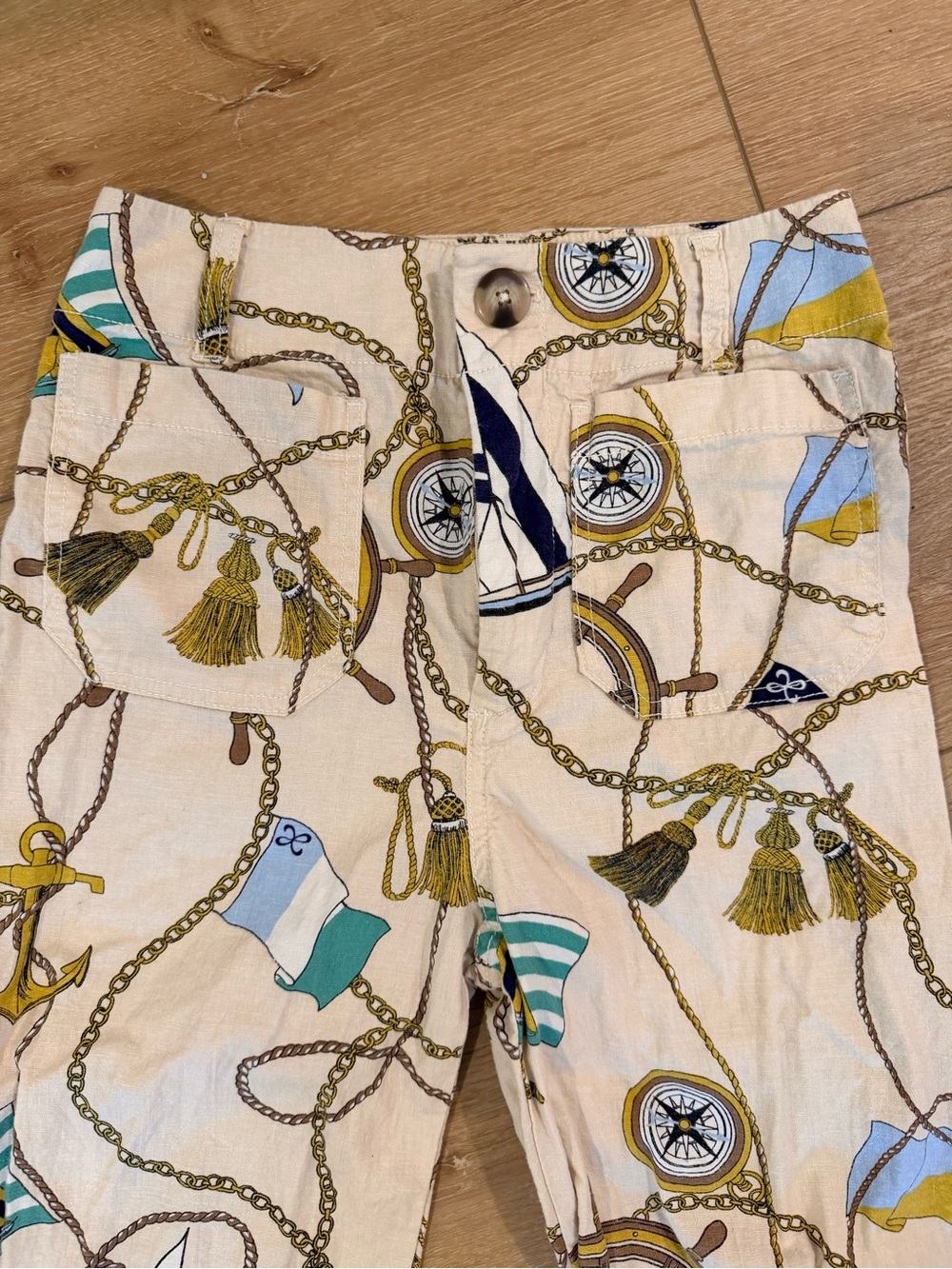 Maeve Beige Nautical-Print Cropped WidenPeg ankle pant w/ Tassel & Compass Motif